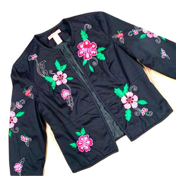 Bandolino Floral Tapestry Black Bolero Open Front Cotton Blazer Size 12 - Picture 2 of 8